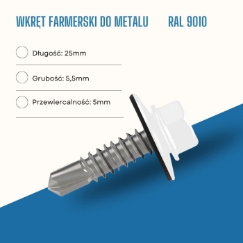 Wkręt farmerski do metalu 5,5X25 mm przewiercalność 5 mm w kolorze RAL 9010